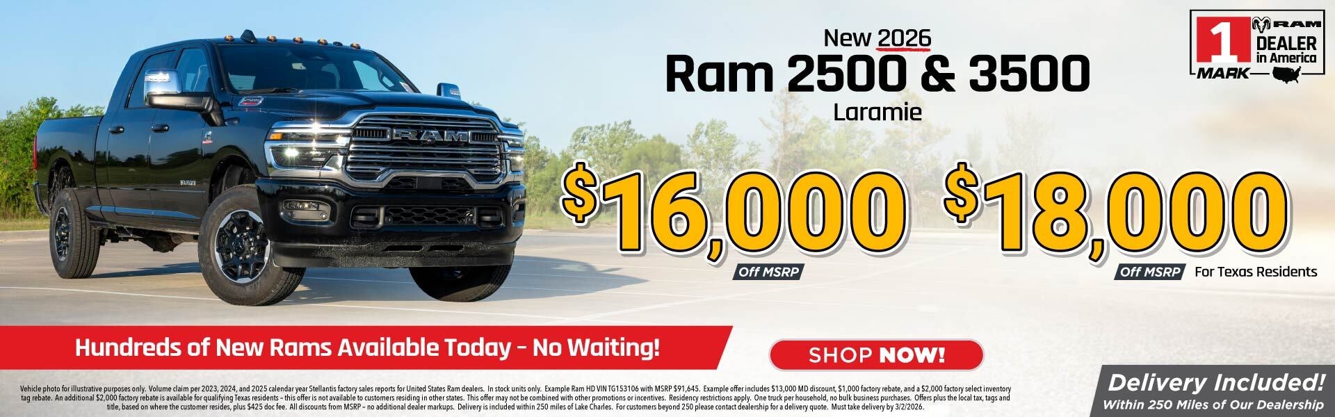 A photo and offer for a Ram 2500 Laramie in a parking lot. 